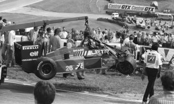 Jacques Laffite's Ligier after first lap accident, Brands Hatch, British Grand Prix 1986.
