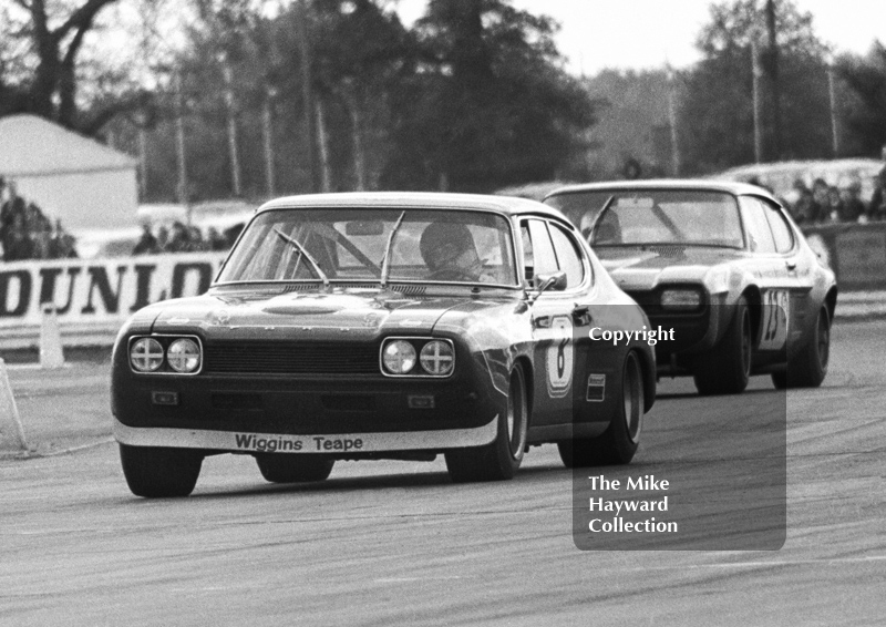 Brian Muir, Wiggins Teape Ford Capri V6, and Mick Hill, Tricentrol Ford Boss Capri, saloon car race, Super Sports 200 meeting, Silverstone, 1972.
