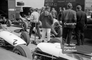 Formula 3 cars in the paddock, including Lotus and brabham cars, Silverstone International Trophy, 1966.
