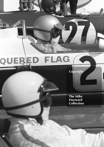 Mike Walker, Chequered Flag/Scalextric McLaren M4A, Charles Lucas, Titan Mk 3, on the grid for the BRSCC Trophy, Formula 3, Oulton Park, 1968.
