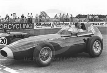 Stirling Moss demonstrates  a Vanwall at the European Formula 2 Championship meeting, Donington Park, 1981.