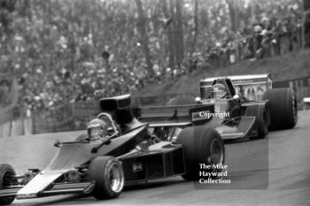 Jacky Ickx, Wolf Williams FW05, follows Bob Evans, JPS Lotus 77, Race of Champions, Brands Hatch, 1976.
