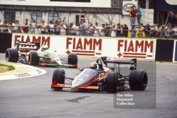 Philippe Alliot, Lola LC87, retired on lap 7 with gearbox trouble, ahead of Teo Fabi, Benetton B187, British Grand Prix, Silverstone, 1987
