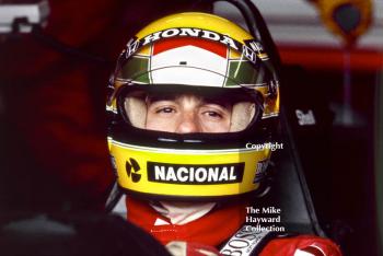 Ayrton Senna, McLaren MP4/5, Honda V10, during practice for the British Grand Prix, Silverstone, 1989.
