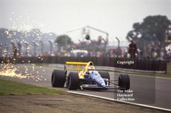 Jean Alesi sparking, Tyrrell 018, Cosworth V8, British Grand Prix, Silverstone, 1989.
