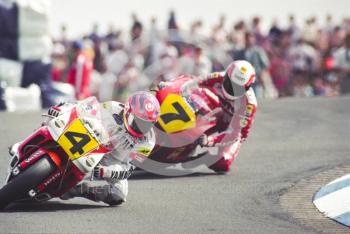 Niall Mackenzie, Yamaha Sonauto Mobil 1, and Eddie Lawson, Cagiva, Donington Park, British Grand Prix 1991.