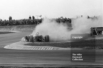 Allan Deacon, Brabham BT21, spins at Cobb Corner, Thruxton Easter Monday F2 International, 1968.
