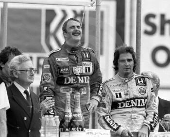 Nigel Mansell, Williams Honda, and Nelson Piquet, Williams Honda, Brands Hatch, British Grand Prix 1986.
