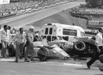 Thierry Boutsen, Arrows, and Piercarlo Ghinzani, Osella, after first lap accident, Brands Hatch, British Grand Prix 1986.
