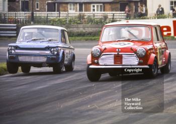 Peter Baldwin, Mini Cooper S, and Melvyn Adams, Anthony Charnell Sunbeam Imp, Oulton Park Gold Cup meeting 1971.
