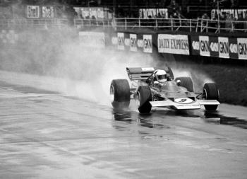 John Miles, Gold Leaf Team Lotus Ford 72, during wet practice, Silverstone International Trophy 1970.
