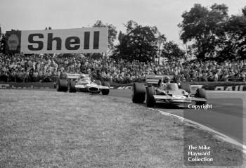 Jochen Rindt, Gold Leaf Team Lotus 72C, leads Jack Brabham, Brabham BT33, at Clearways Bend, 1970 British Grand Prix, Brands Hatch.
