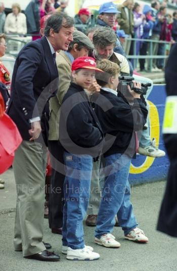 Prince William and Prince Harry with Jackie Stewart on the grid, British Grand Prix, Silverstone, 1992
