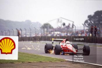 Andrea de Cesaris sparking, Dallara 189 V8, British Grand Prix, Silverstone, 1989.
