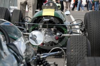 Rear view of a Lotus 25 in the paddock, Silverstone Classic 2010