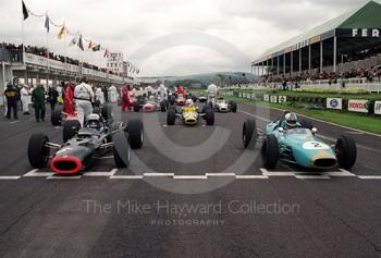 Paul Ingram, BRM P126, and John Beasley, Brabham BT4 Climax, ready for the Glover Trophy race, Goodwood Revival, 1999