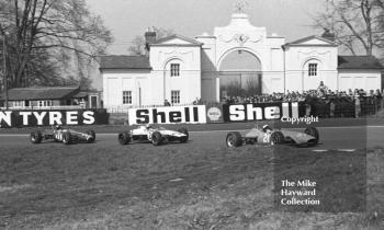 Peter Gethin, Sports Motors Chevron, leads Mike Walker, Chequered Flag/Scalextric McLaren M4A, and Charles Lucas, Titan Mk 3, at Lodge Corner, BRSCC Trophy, Formula 3, Oulton Park, 1968.
