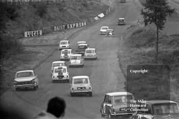 Steve Neal's Equipe Arden Mini Cooper S, follows the field up Clay Hill, Oulton Park, Gold Cup meeting 1964.
