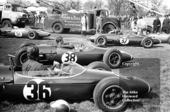 The Charles Lucas Engineering Team Brabham BT10's of Charles Lucas and Piers Courage with the team's Lotus 22 of Peter Gethin and the California Racing Partnership Brabham of race winner Roy Pike, Formula 3 race, Oulton Park Spring Race meeting, 1965.
