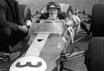 Jack Oliver, Lotus 48, on the grid at the Thruxton Easter Monday F2 International, 1968.
