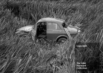 Alan Hutcheson's battered Riley 1.5 after somersaulting at Knickerbrook, Oulton Park, Gold Cup meeting 1962.
