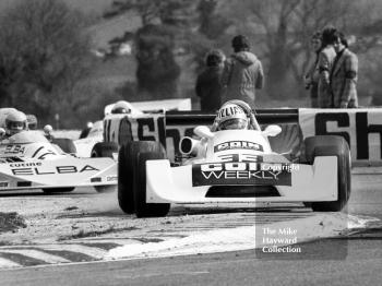 Peter Williams, Coin Monthly Chevron B29, leads Gabriele Serblin, March 752 BMW, through the chicane, Wella European Formula Two Championship, Thruxton, 1975
