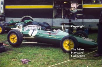 Lotus 25 F1 car in the paddock, 1962 Gold Cup, Oulton Park.
