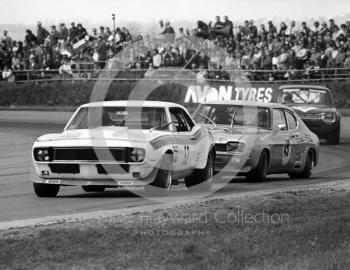 Martin Thomas, Ovaltine Chevrolet Camaro, Gerry Birrell, Ford Capri, and Willy Kay, Ford Escort, GKN Transmissions Trophy, International Trophy meeting, Silverstone, 1971.
