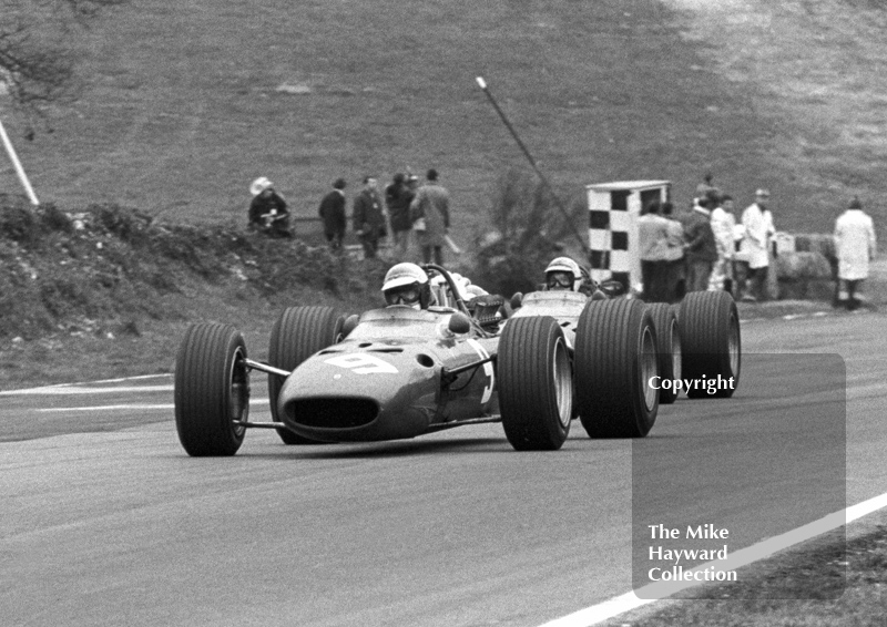 Lorenzo Bandini and Ludovico Scarfiotti, Ferrari 312 V12s, enters Druids Hairpin, Brands Hatch, Race of Champions 1967.