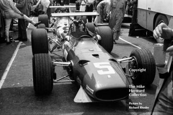 Chris Amon's Ferrari 312 in the paddock, 1968 British Grand Prix, Brands Hatch.<br />
<br />
<em>Picture by Richard Rhodes</em>
