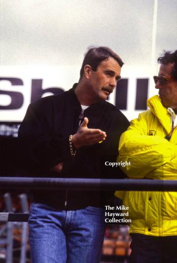 Nigel Mansell in the pits during practice for the British Grand Prix, Silverstone, 1989.
