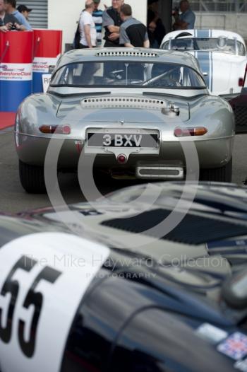 E Type Jaguar in the paddock queue, Gentlemen Drivers GT and Sports Cars, Silverstone Classic, 2010