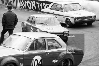 Frank Gardner, Alan Mann Ford Escort, and Brian Robinson, Lotus Cortina, Mallory Park, BRSCC 4000 Guineas 1968.
