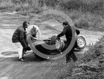 Marshals rush to the aid of John Creasey in his Lola at the Esses, Shelsley Walsh Hill Climb June 1967.