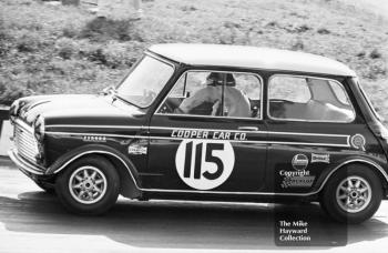 John Rhodes in familiar pose at the hairpin with a works Mini Cooper S, Mallory Park, BRSCC 4000 Guineas 1968.
