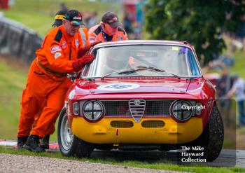 Davdi Alexander gets a push from the marshalls in his Alfa Romeo Sprint GT, HSCC Historic Touring Cars Race, 2016 Gold Cup, Oulton Park.
