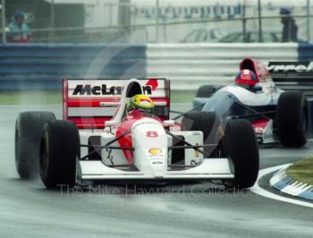 Ayrton Senna, McLaren MP4-8, seen during wet qualifying at Silverstone for the 1993 British Grand Prix.
