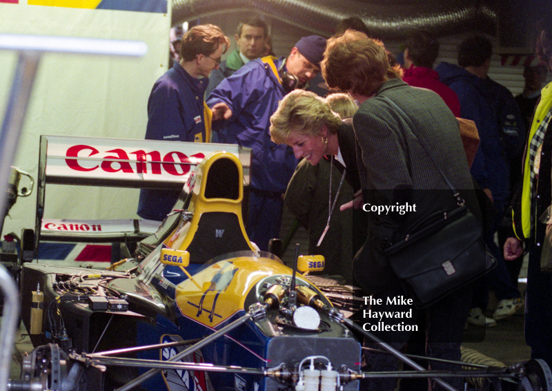 The Princess of Wales enjoys looking into a Williams cockpit, Donington Park, European Grand Prix 1993.