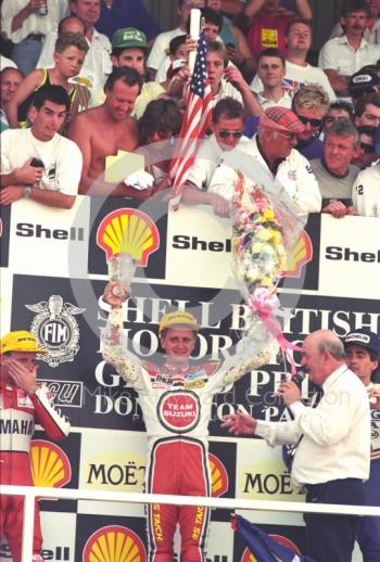 Race winner Kevin Schwantz, runner-up Wayne Rainey and in third place Mick Doohan, Donington Park, British Grand Prix 1991.