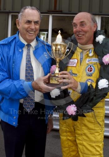 Jack Brabham presents trophy to Richard Attwood, Oulton Park Gold Cup, 2002