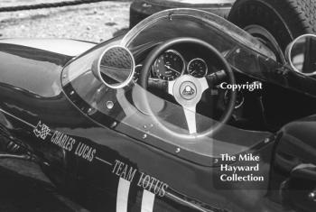 Cockpit of Charles Lucas Team Lotus car at Radio London Trophy, Silverstone 1966
