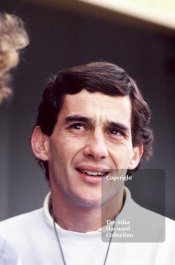 Ayrton Senna in the pits during practice for the British Grand Prix, Silverstone, 1989.
