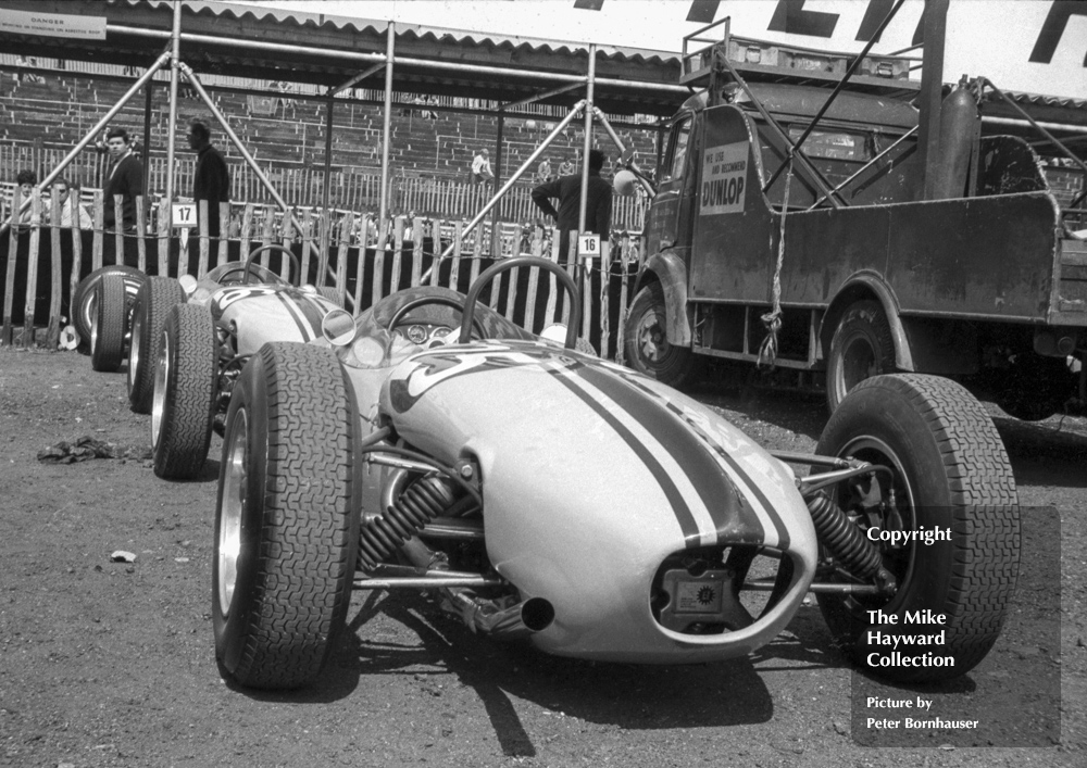 Ian Walker Racing FJ Brabham BT6's. Frank Gardner (25) and Paul Hawkins (26). Crystal Palace, Formula Junior Anerley Trophy, June 3 1963.