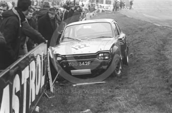 The battered Team Broadspeed Ford Escort (XOO 342F) of Chris Craft, Brands Hatch, Race of Champions meeting 1969.
