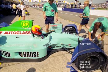 Mauricio Gugelmin, Leyton House CG901, in the pit lane at Silverstone, British Grand Prix 1990.
