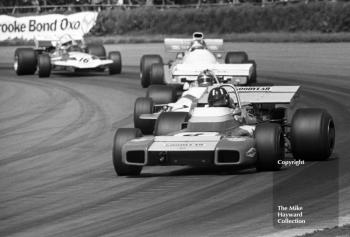 Graham Hill, Brabham BT34, Pedro Rodriguez, BRM P160, and John Surtees, Surtees TS9, Silverstone International Trophy 1971.
