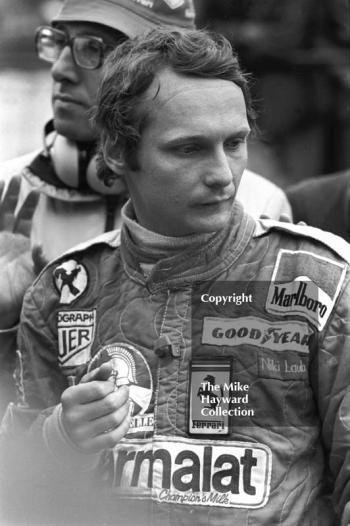 Niki Lauda on the grid at the Race of Champions, Brands Hatch, 1976. Lauda retired on lap 17 with brake line failure in his Ferrari 312T/2.
