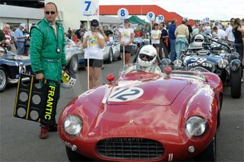 Andrew Frankel with pit board and 1955 Ferrari 750 Monza, in the paddock ahead of the RAC Woodcote Trophy, Silverstone Classic 2009.