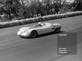 Frank Gardner, Brabham Ford 1594cc, on lap of honour after winning the Guards Trophy, BRSCC National Meeting, Mallory Park, June, 1963.
