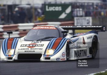 Riccardo Patrese/Alessandro Nannini, Martini Lancia LC2, braking for Copse Corner, World Endurance Championship, 1985 Grand Prix International 1000km meeting, Silverstone.
